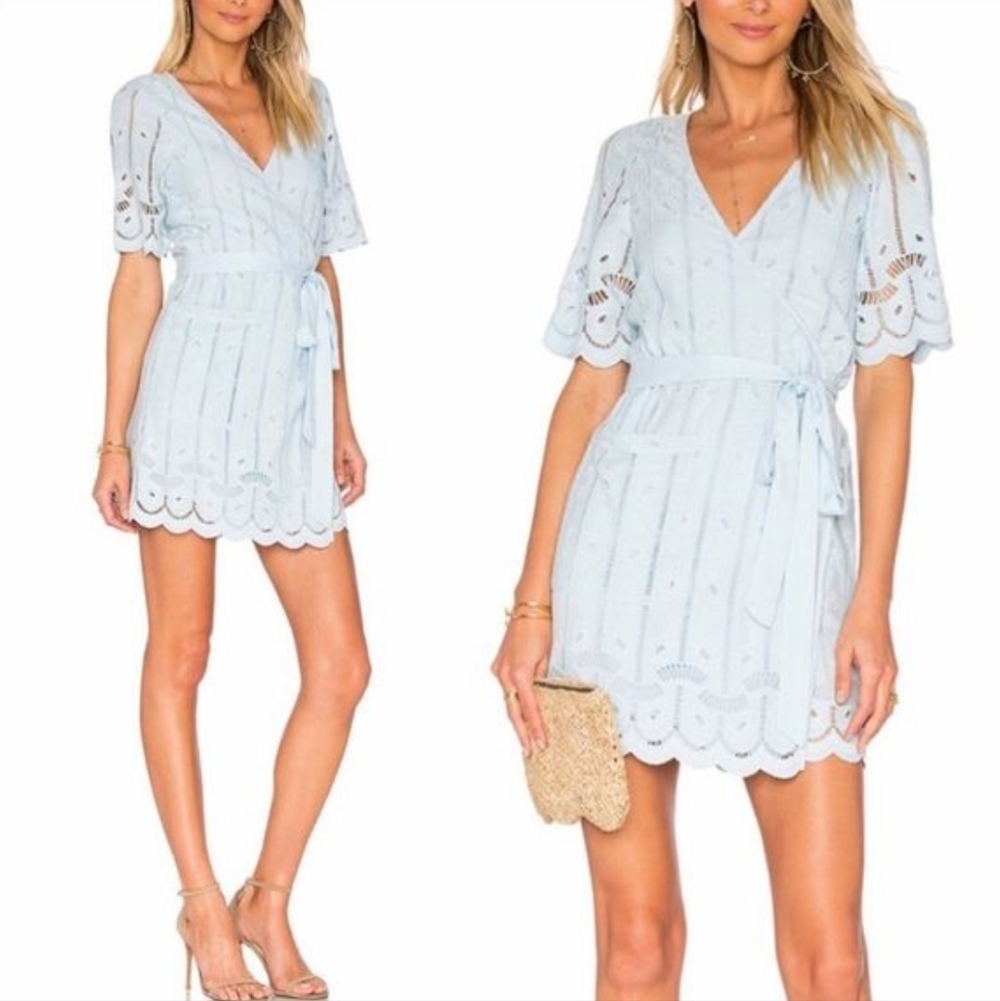 Tularosa Rocky Light Blue Wrap Dress Eyelet Lace Mid Sleeve Women's Sz Small